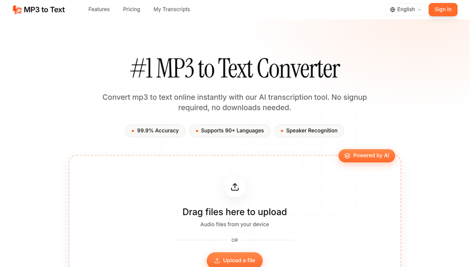 Screenshot of MP3 to text Online