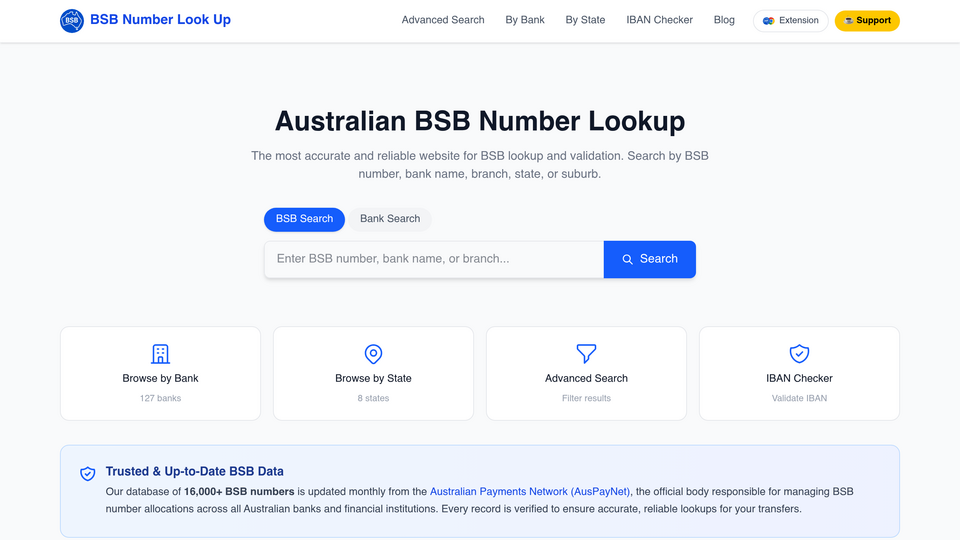 Screenshot of Australian BSB Number Lo