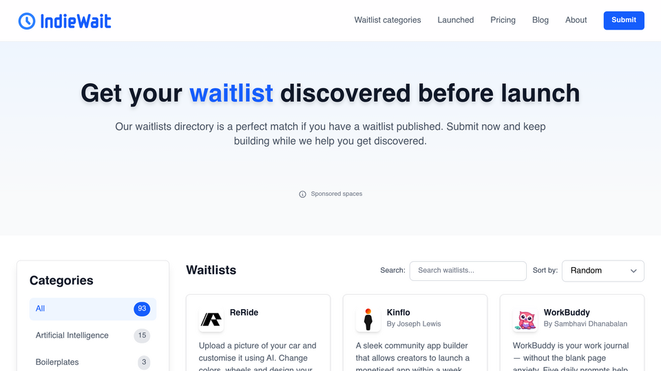 Screenshot of IndieWait