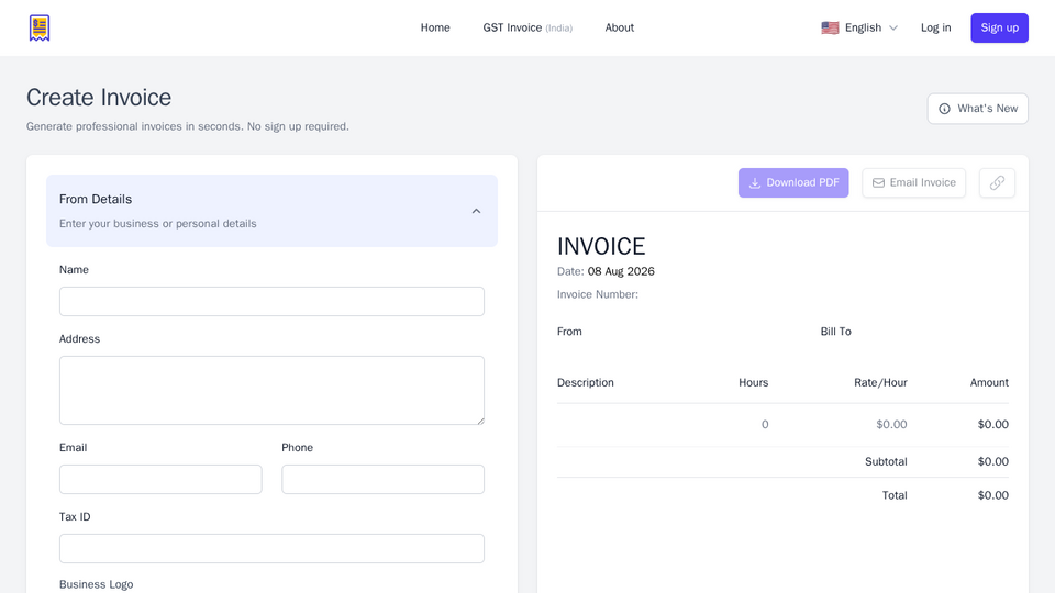Screenshot of PlainInvoice