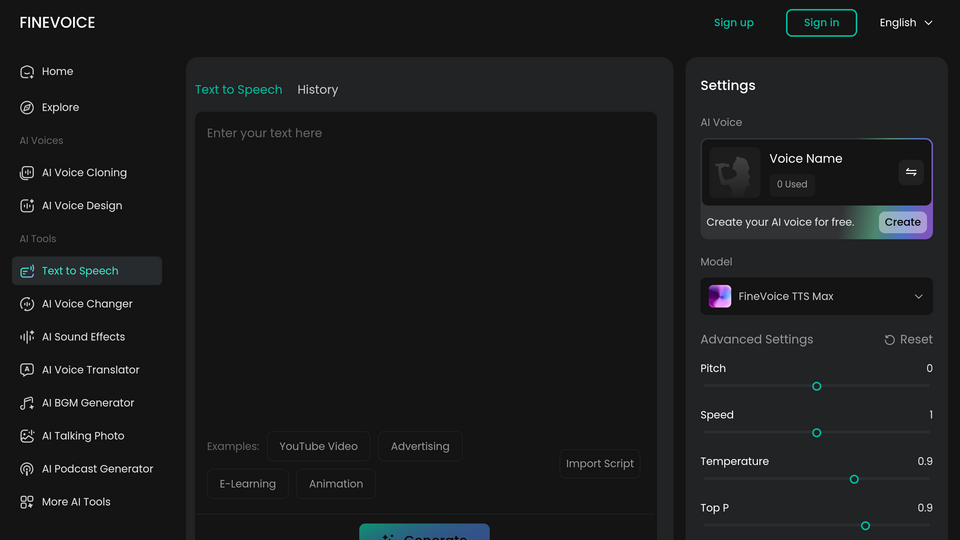 Screenshot of FineVoice Text to Speech