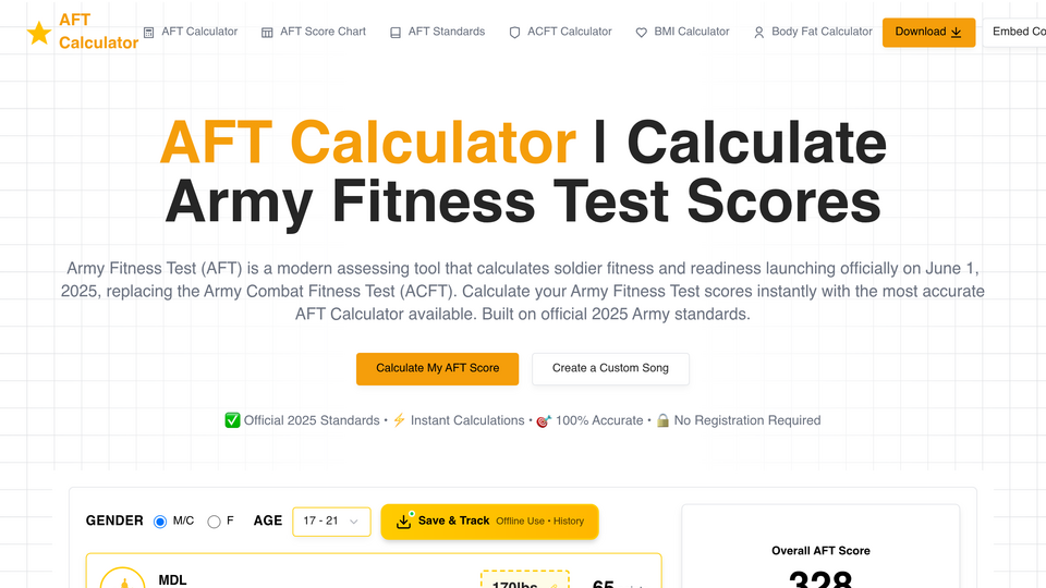 Screenshot of AFT Calculator