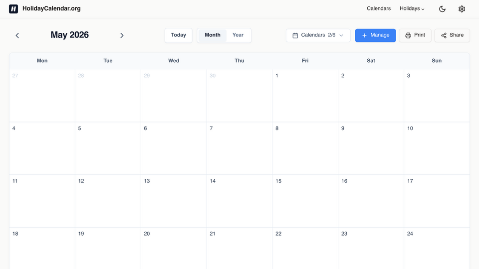 Screenshot of HolidayCalendar