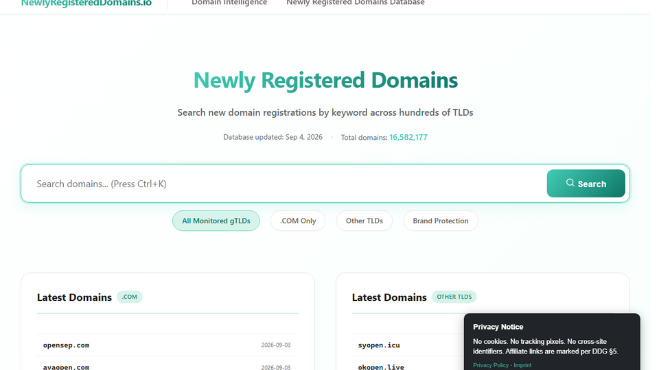 Screenshot of Newly Registered Domains