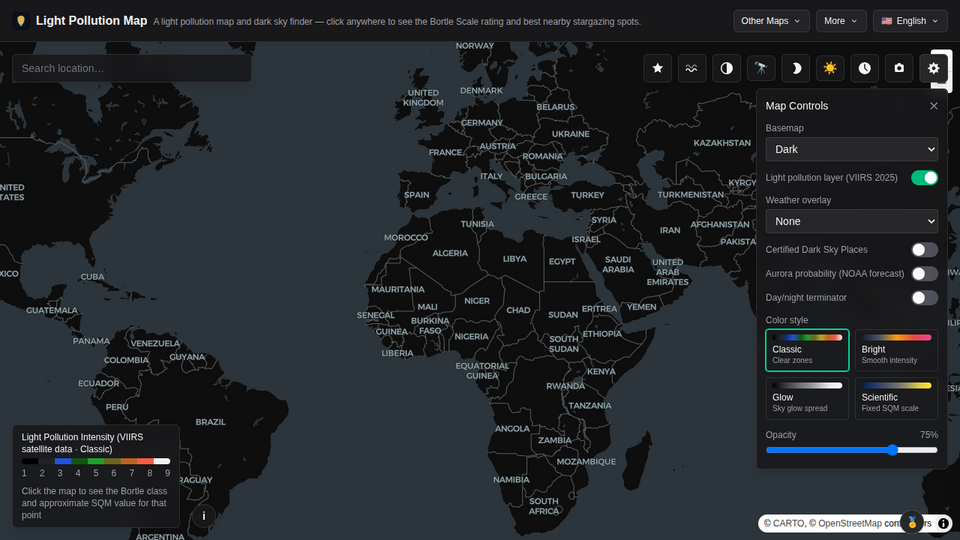 Screenshot of LightPollutionMap.io