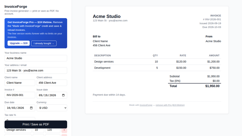 Screenshot of InvoiceForge