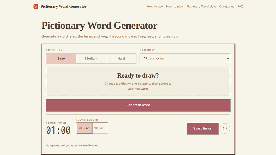 Screenshot of Pictionary Word Generato