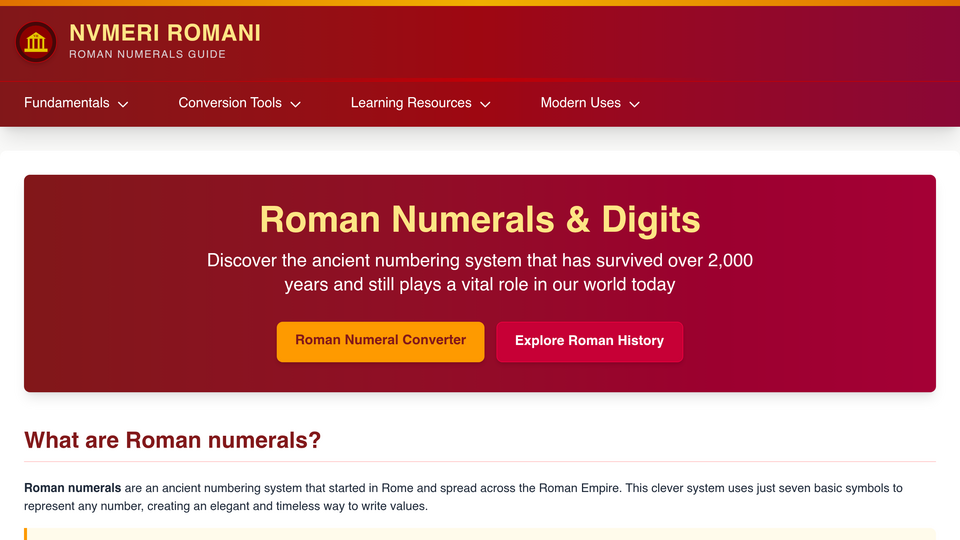 Screenshot of Roman Numerals Guide