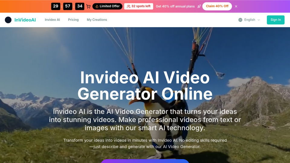 Screenshot of invideo ai