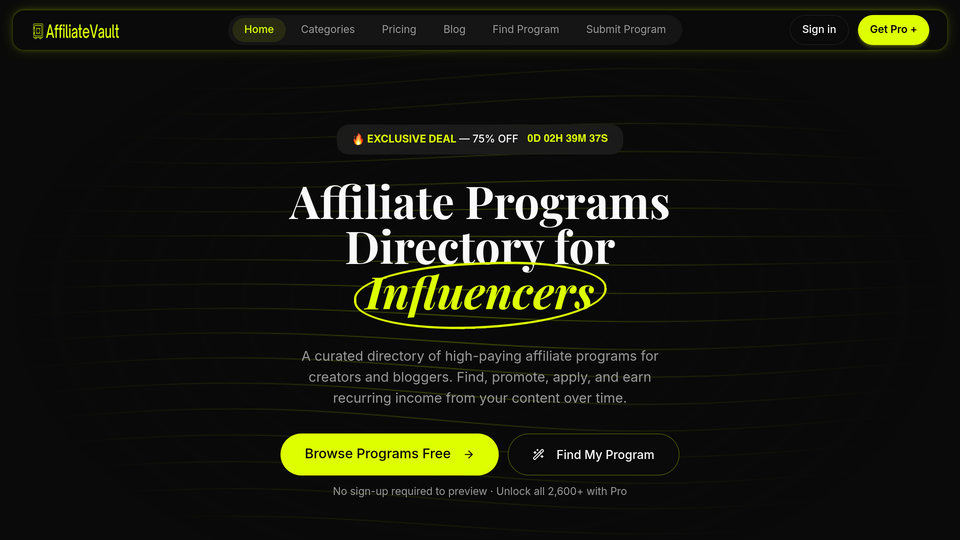 Screenshot of Affiliate Vault