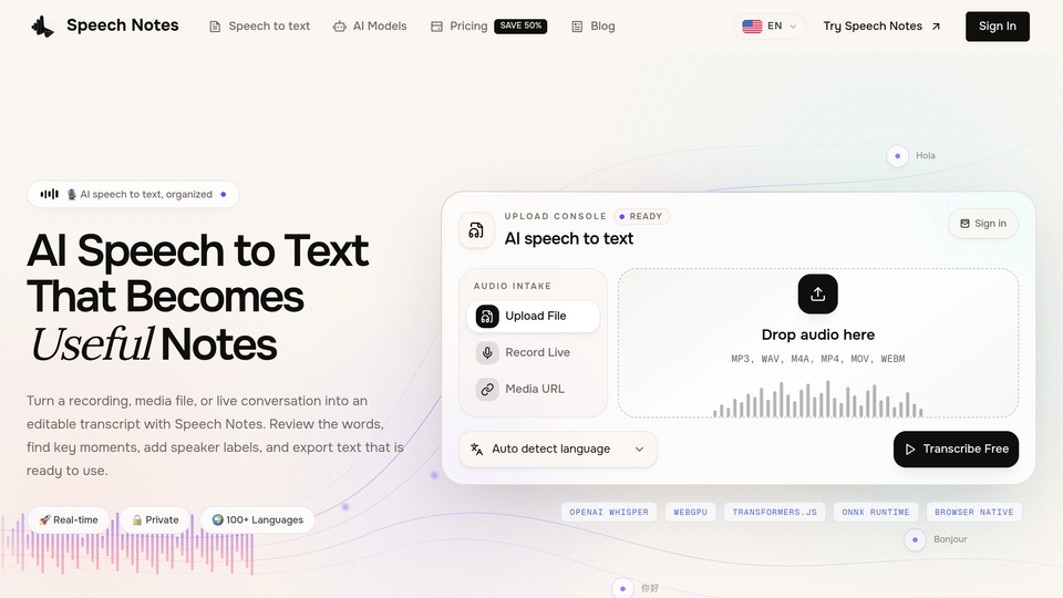 Screenshot of Speech Notes